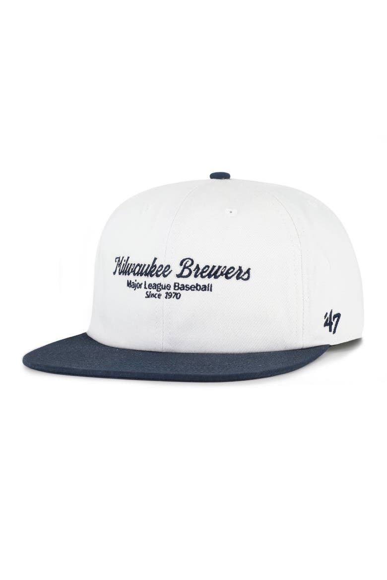 Men's '47 White/Navy Milwaukee Brewers Script Stack Relaxed Captain Snapback, Alternate, color, White