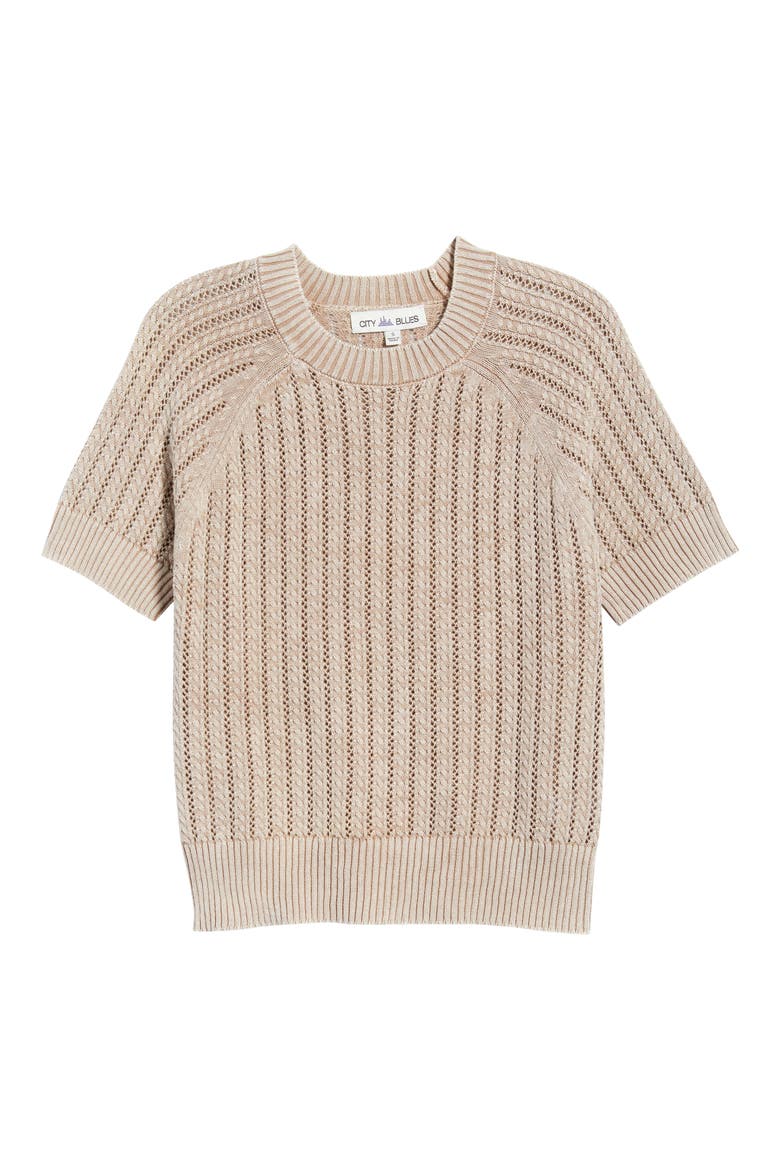 Washed Openwork Knit Rib Short Sleeve Sweater, Alternate, color, LATTE