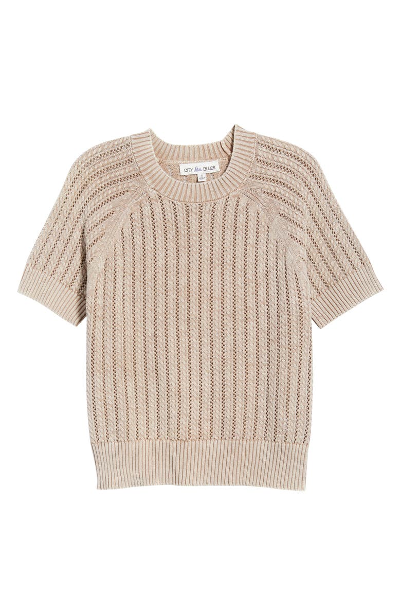 CITY BLUES Washed Openwork Knit Rib Short Sleeve Sweater, Alternate, color, Latte