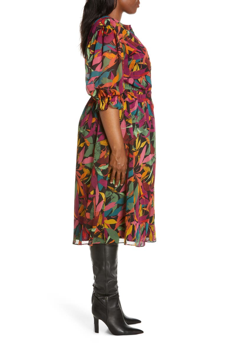 Print Puff Sleeve Midi Shirtdress, Alternate, color, BLACK/ GRAPE JUICE