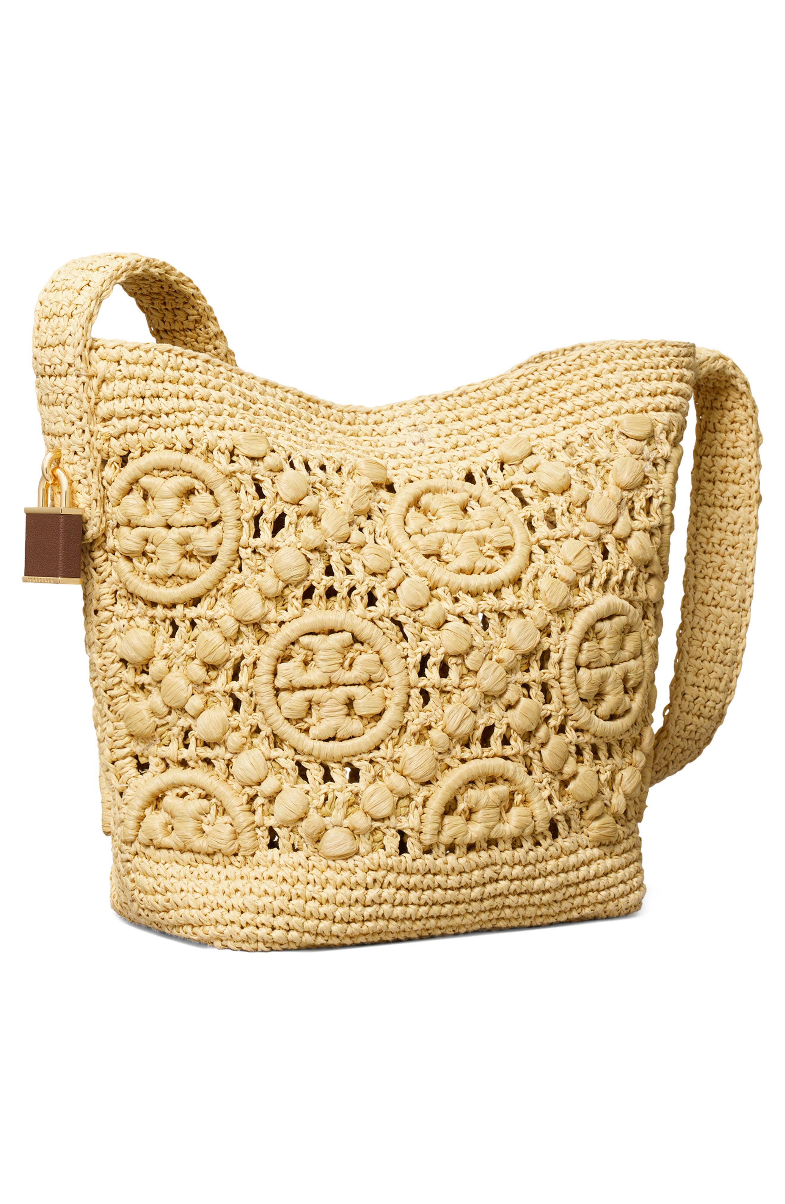 Lock T Monogram Crochet Slim Straw Shoulder Bag, Alternate, color, NATURAL