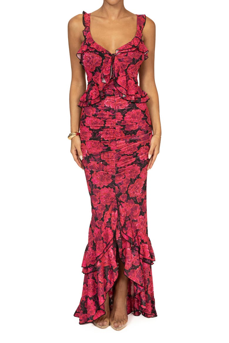 La Costa Ruffle Stretch Mesh High-Low Dress, Main, color, PINK