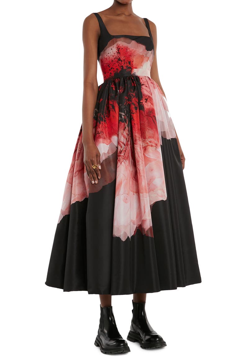 Alexander McQueen Anemone Print Faille Dress, Alternate, color, RED - ANEMONE