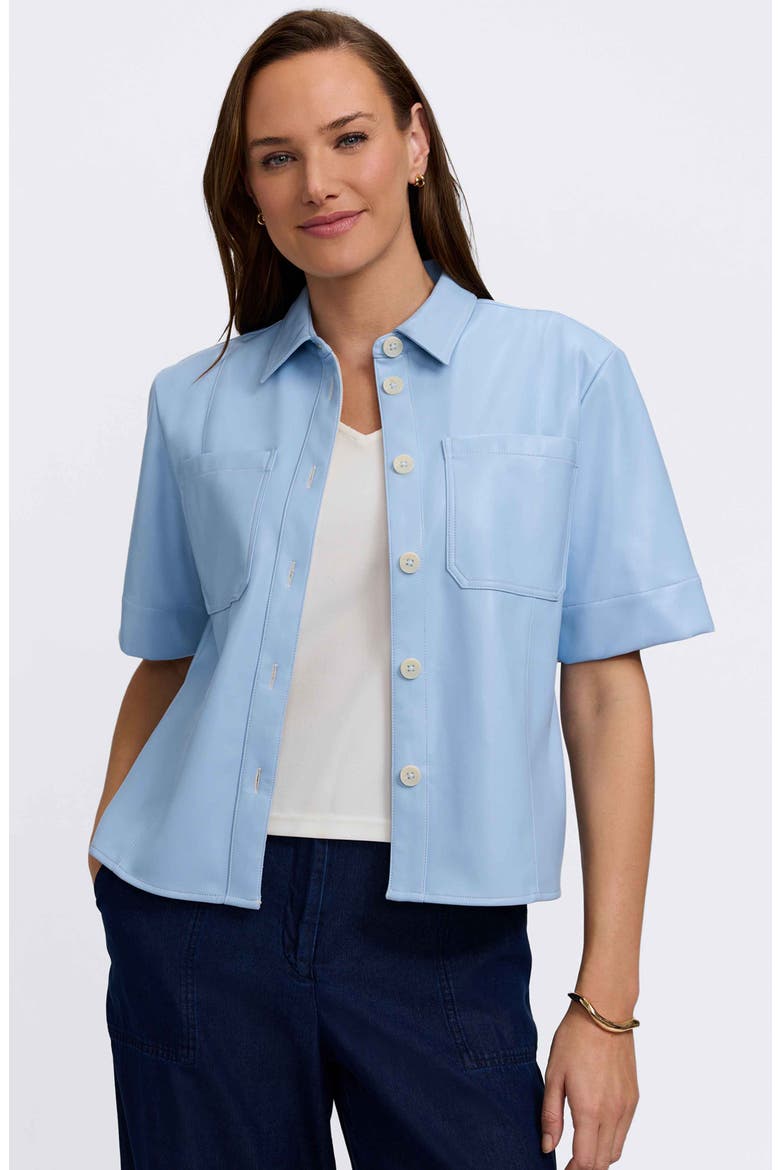 Demi Elbow Sleeve Faux Leather Button-Up Shirt, Alternate, color, SKY BLUE