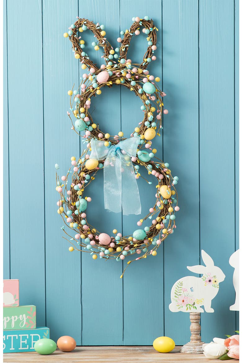Easter Bunny Shaped Wreath with Eggs & Satin Ribbon Bow, Alternate, color, Blue