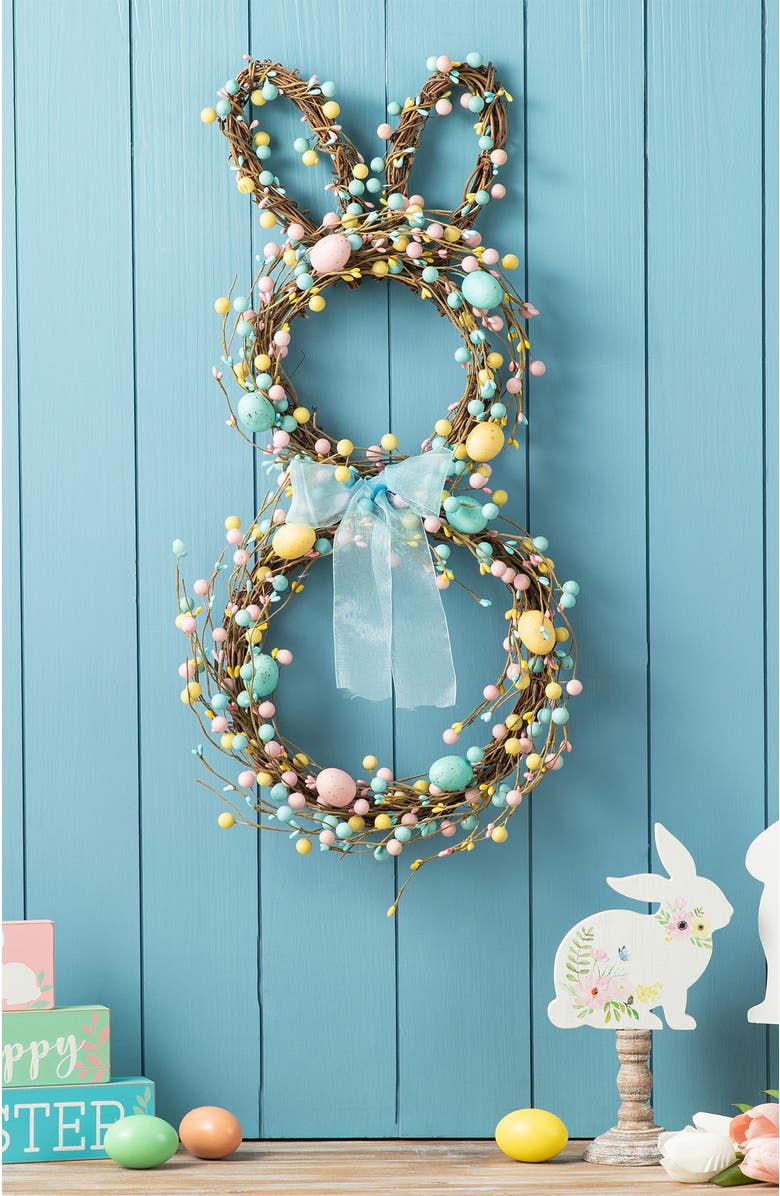 Glitzhome Easter Bunny Shaped Wreath with Eggs & Satin Ribbon Bow, Alternate, color, Blue
