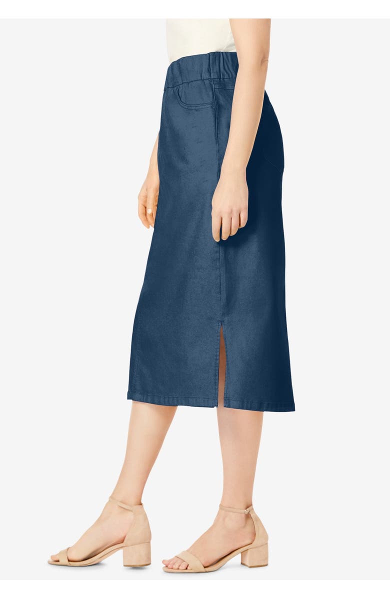 Jessica London Comfort Waist Stretch Denim Midi Skirt, Alternate, color, Medium Stonewash