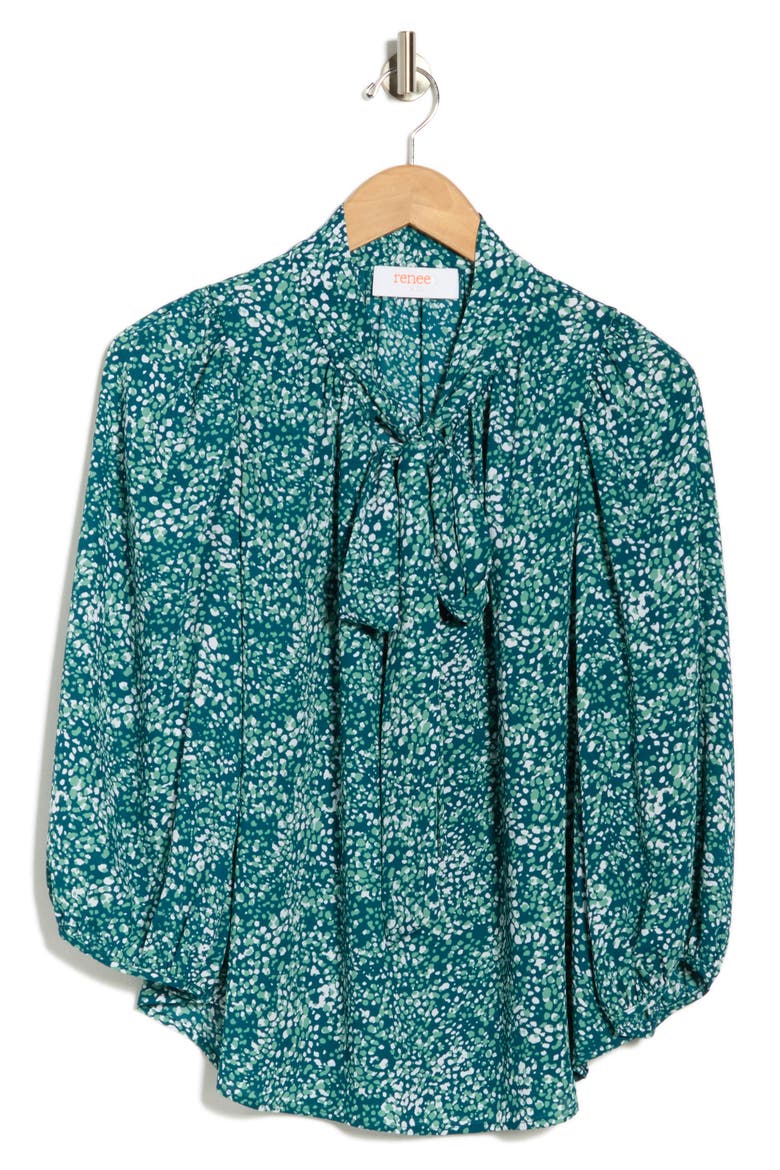 Print Tie Neck Top, Alternate, color, BLUE