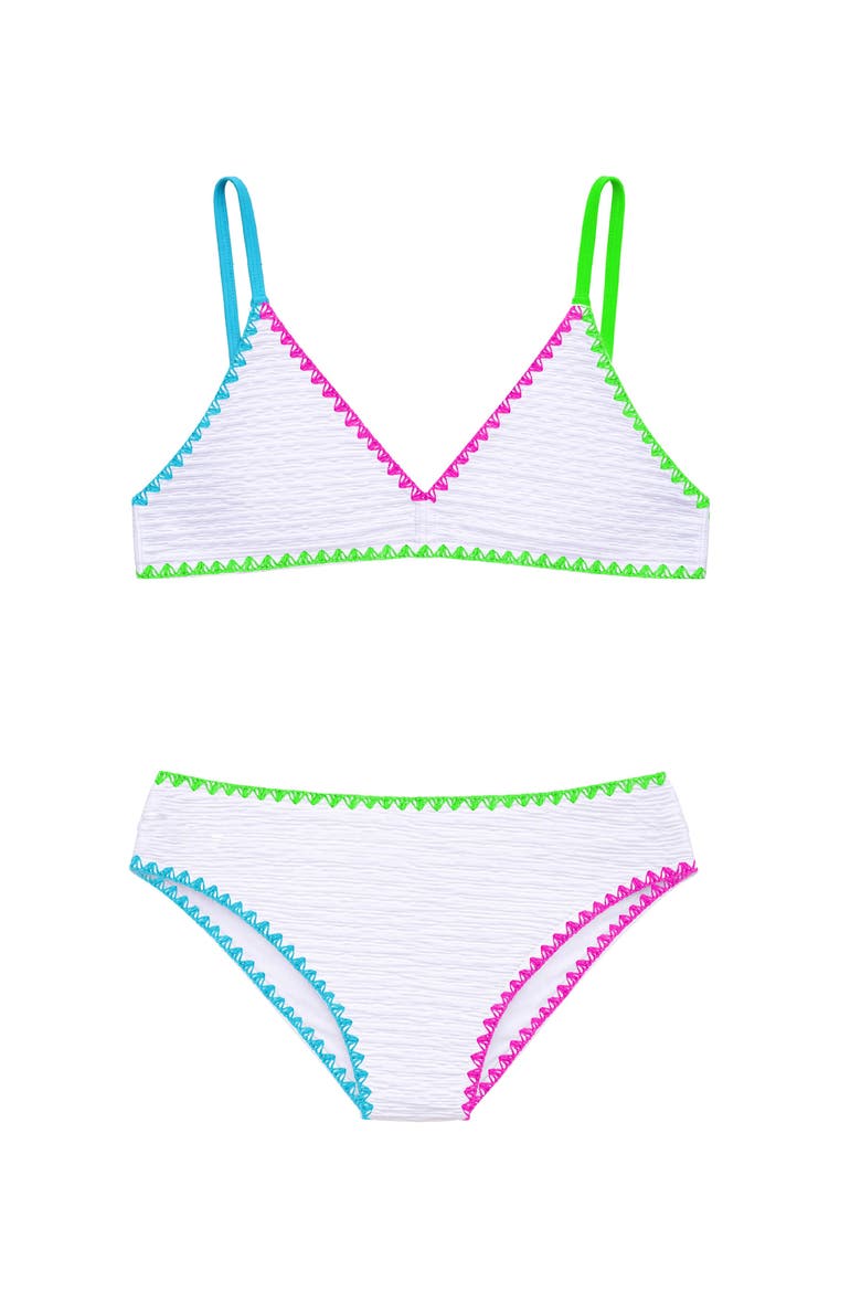 White Textured Bikini with Embroidered Trim Swimsuit, Main, color, White