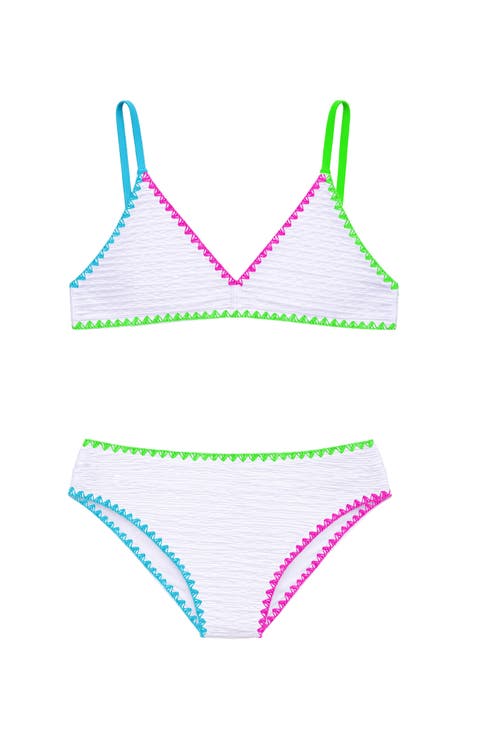 White Textured Bikini with Embroidered Trim Swimsuit