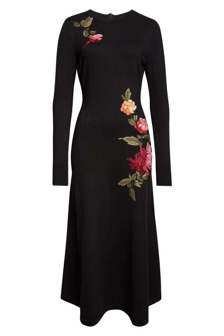 Chrysanthemum Embroidered Long Sleeve Jersey Midi Dress, Alternate, color, BLACK MULTI