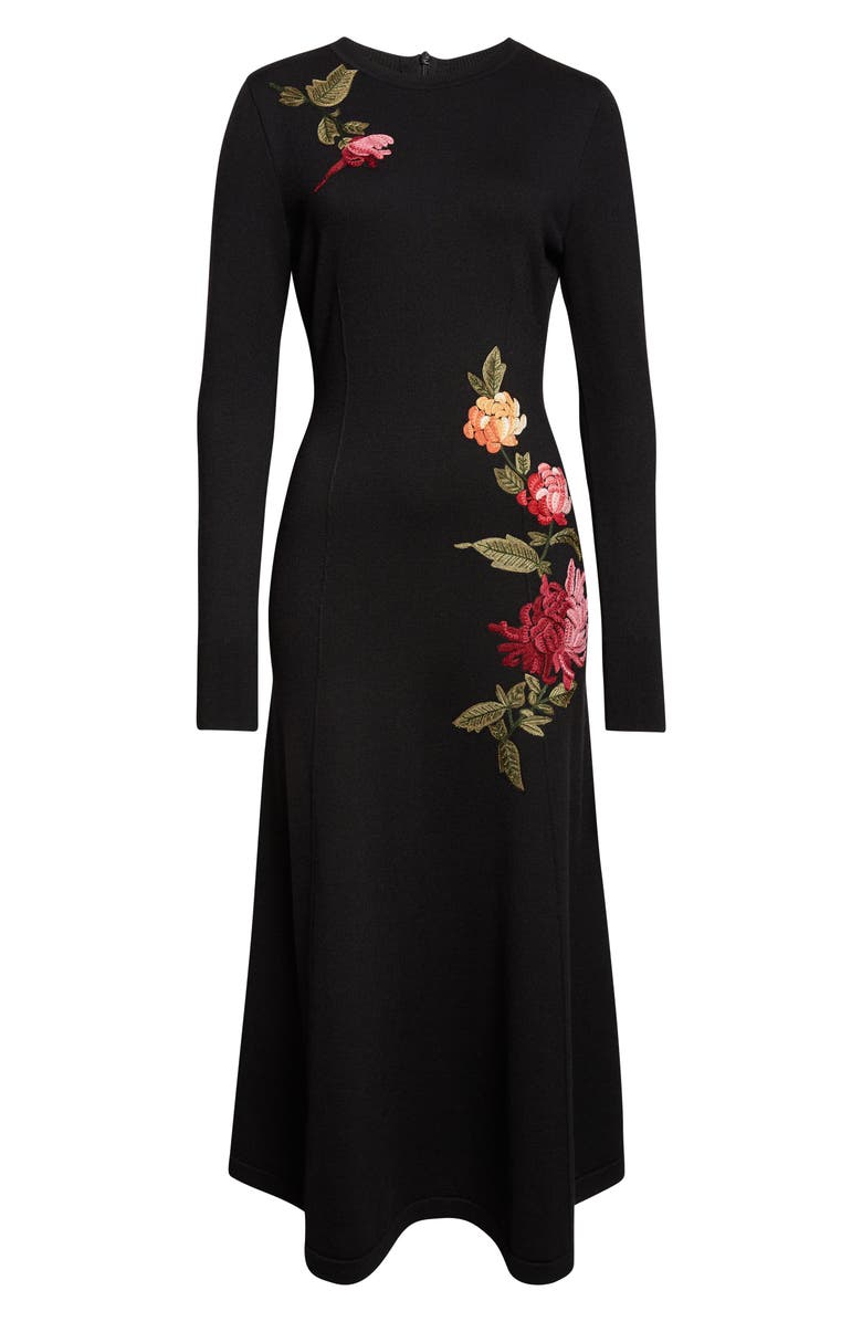Carolina Herrera Chrysanthemum Embroidered Long Sleeve Jersey Midi Dress, Alternate, color, Black Multi