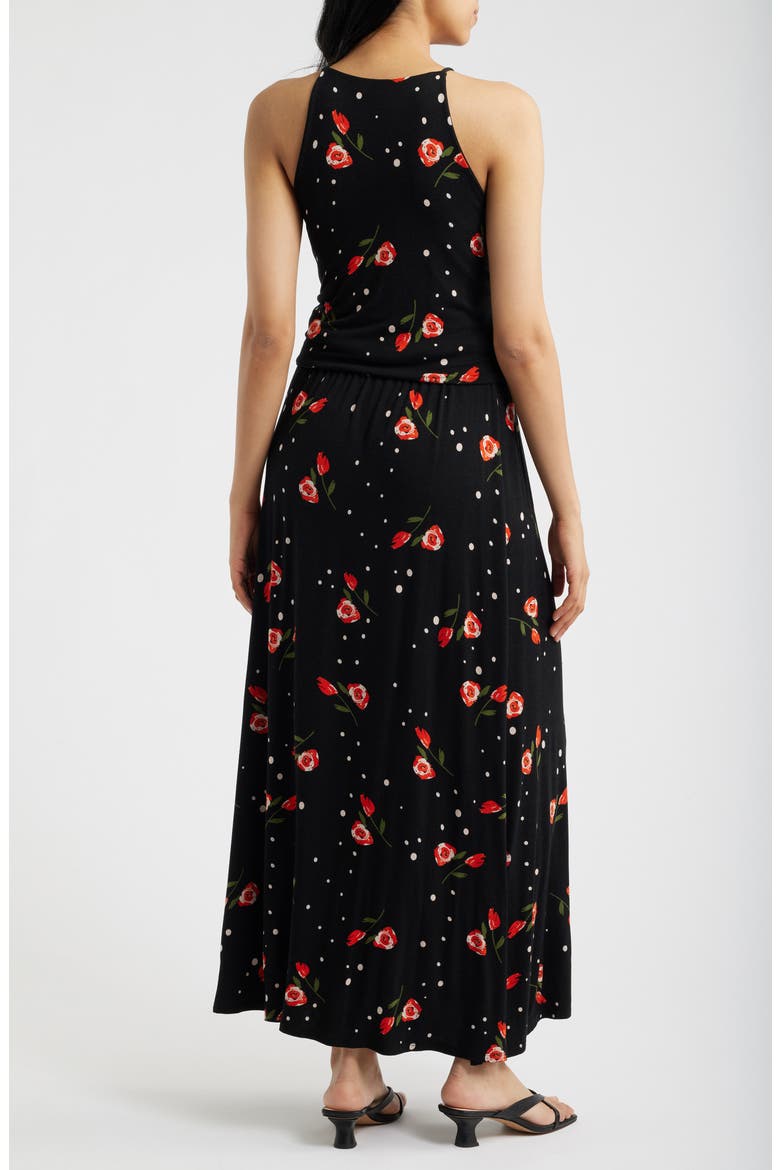 Floral Print Apron Maxi Dress, Alternate, color, BLACK/ RED