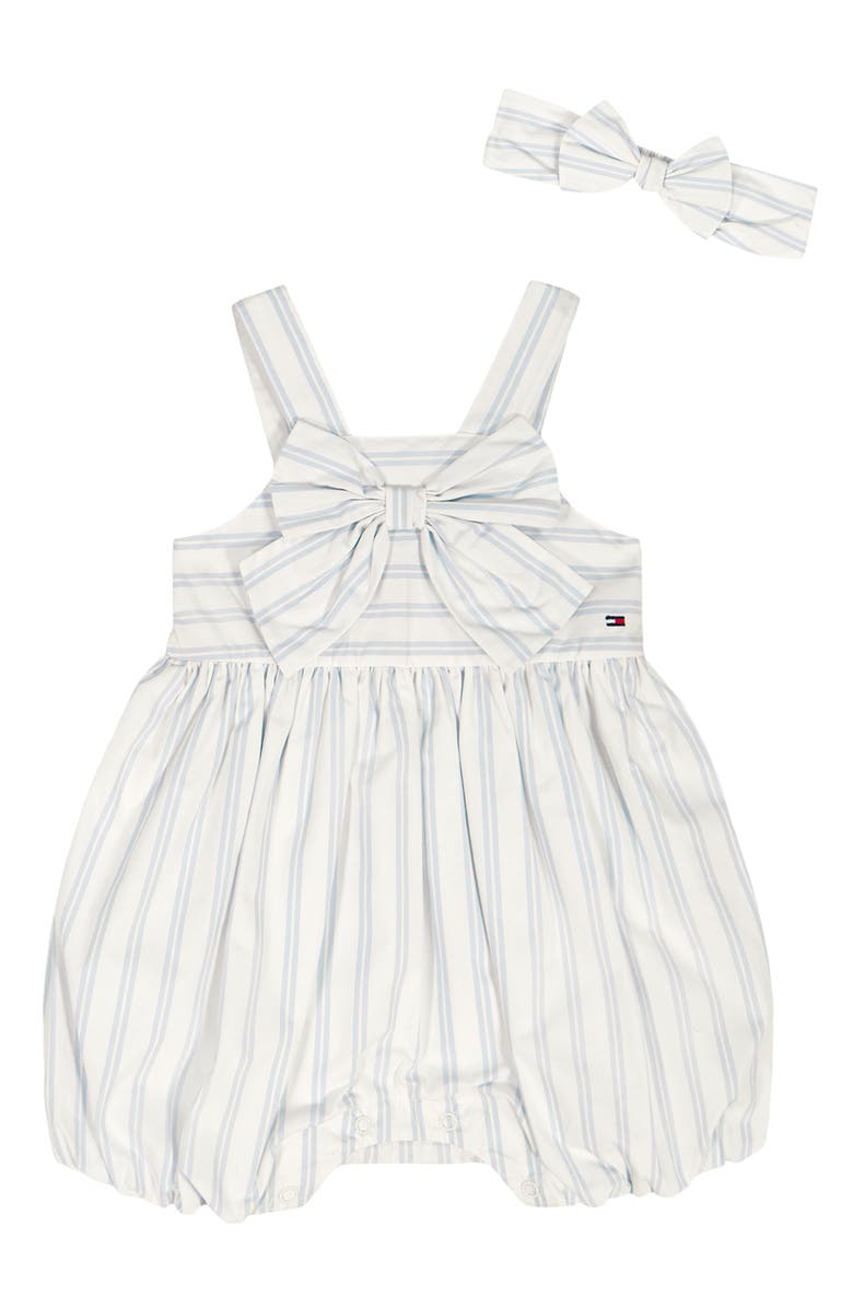 Tommy Hilfiger Stripe Romper & Headband Set, Main, color, White Multi