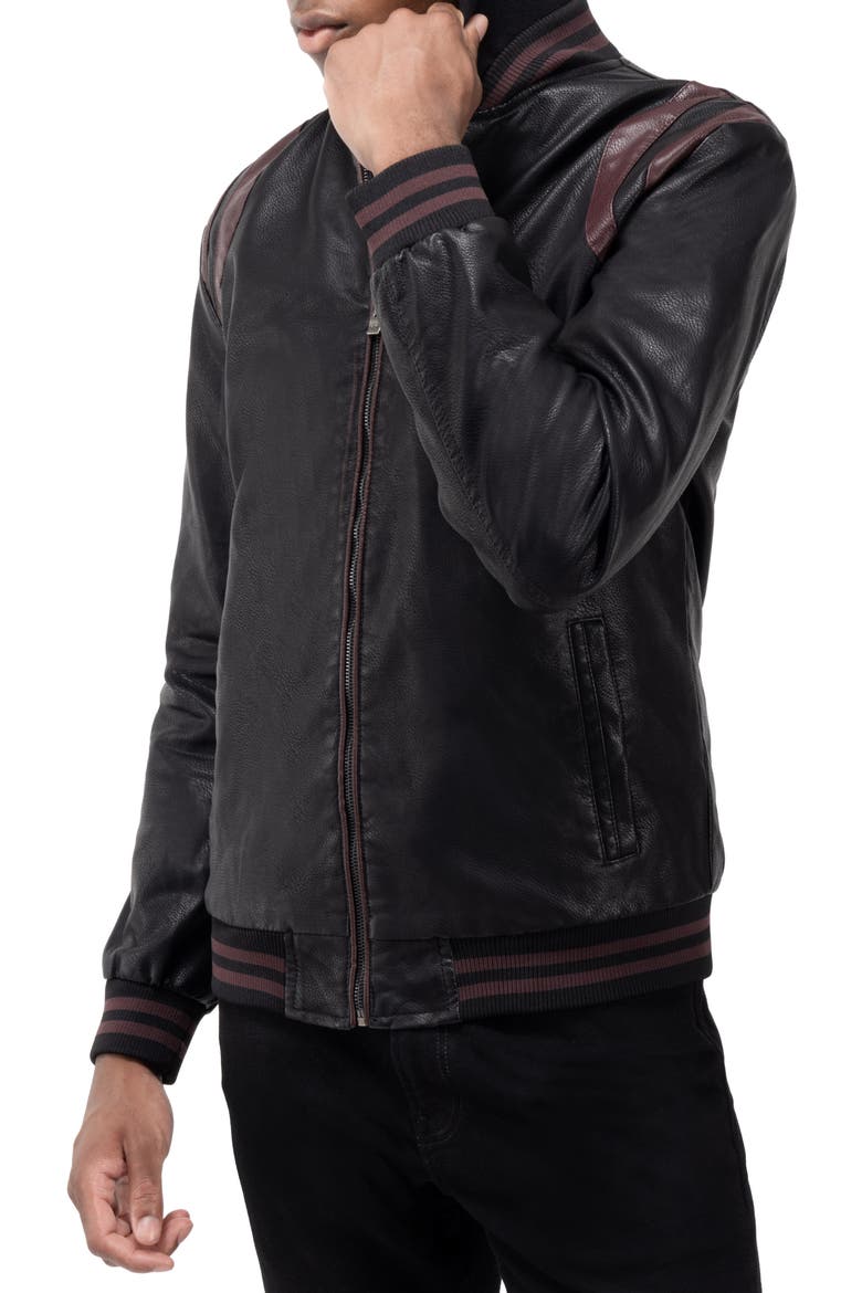 Stripe Faux Leather Hooded Moto Jacket with Faux Fur Lining, Alternate, color, BLACK/ BURGUNDY