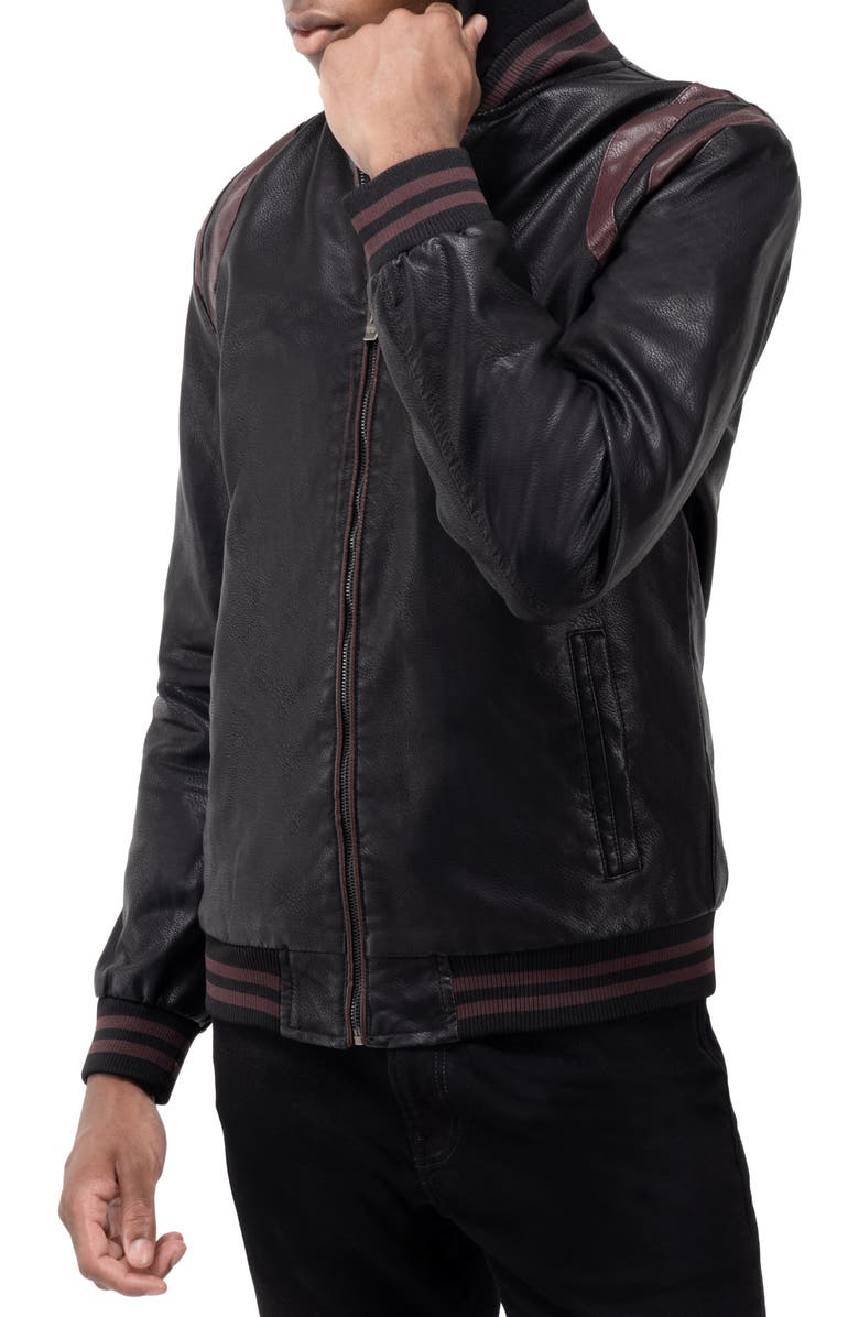 XRAY Stripe Faux Leather Hooded Moto Jacket with Faux Fur Lining, Alternate, color, Black/ Burgundy