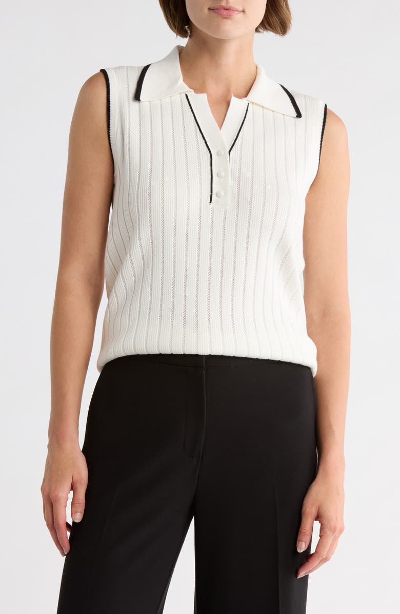 Adrianna Papell Tipped Sleeveless Polo Sweater, Main, color, Ivory/ Black