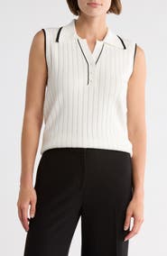 Adrianna Papell Tipped Sleeveless Polo Sweater