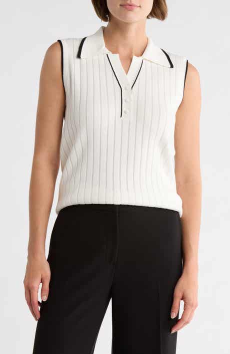 Adrianna Papell Tipped Sleeveless Polo Sweater