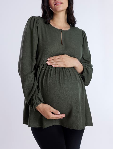Long Sleeve Empire Waist Keyhole Woven Blouse