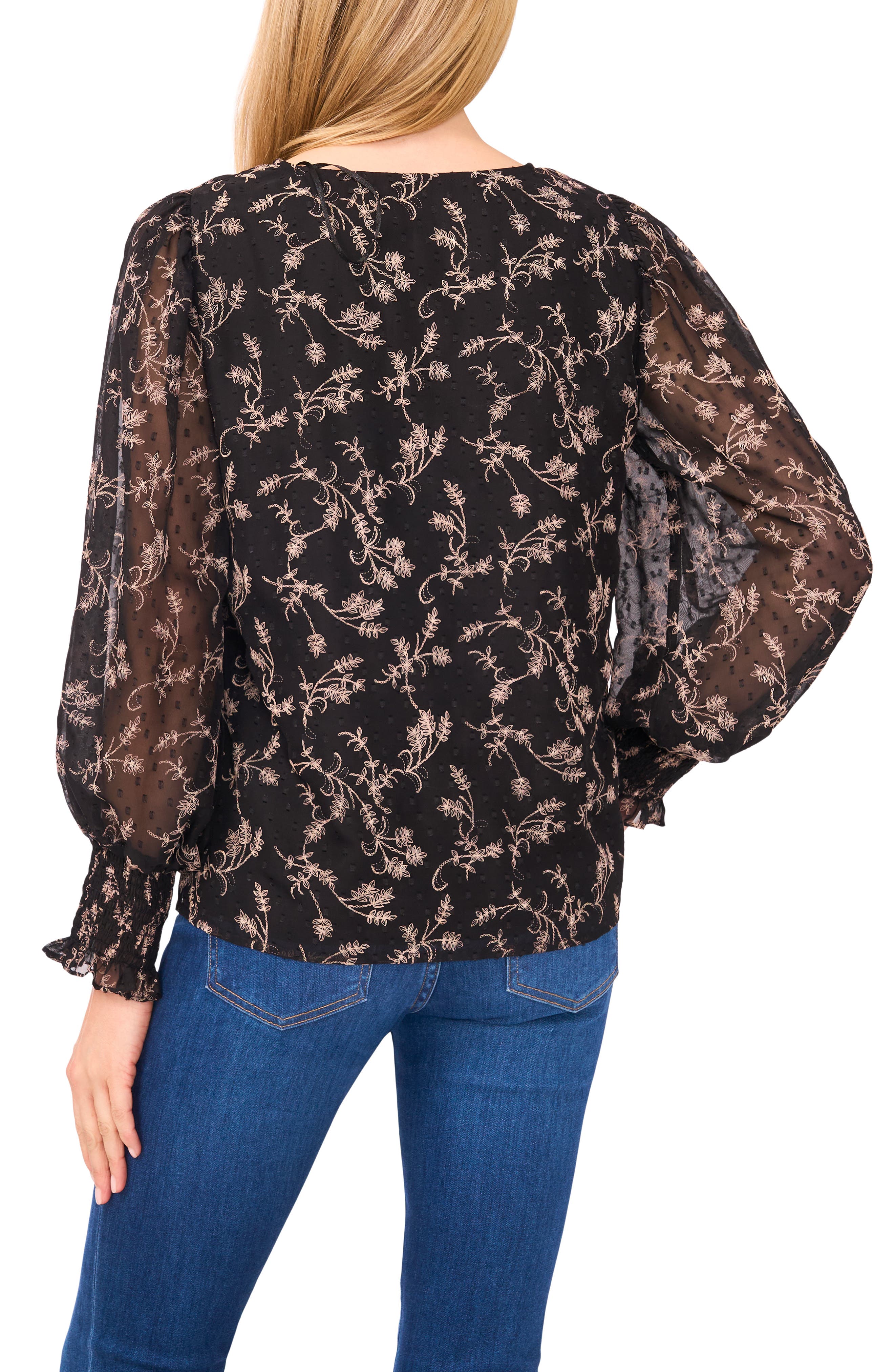 Floral Clip Dot Smocked Cuff V-Neck Top - image 2