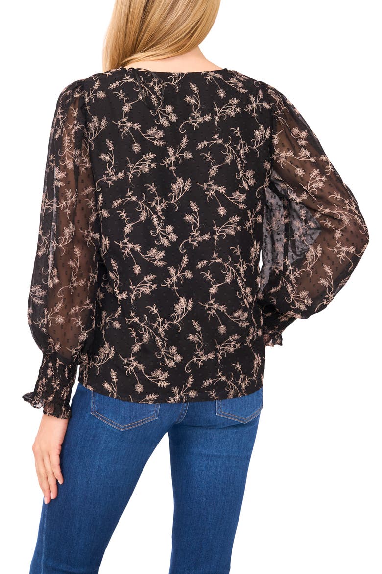 Floral Clip Dot Smocked Cuff V-Neck Top, Alternate, color, RICH BLACK