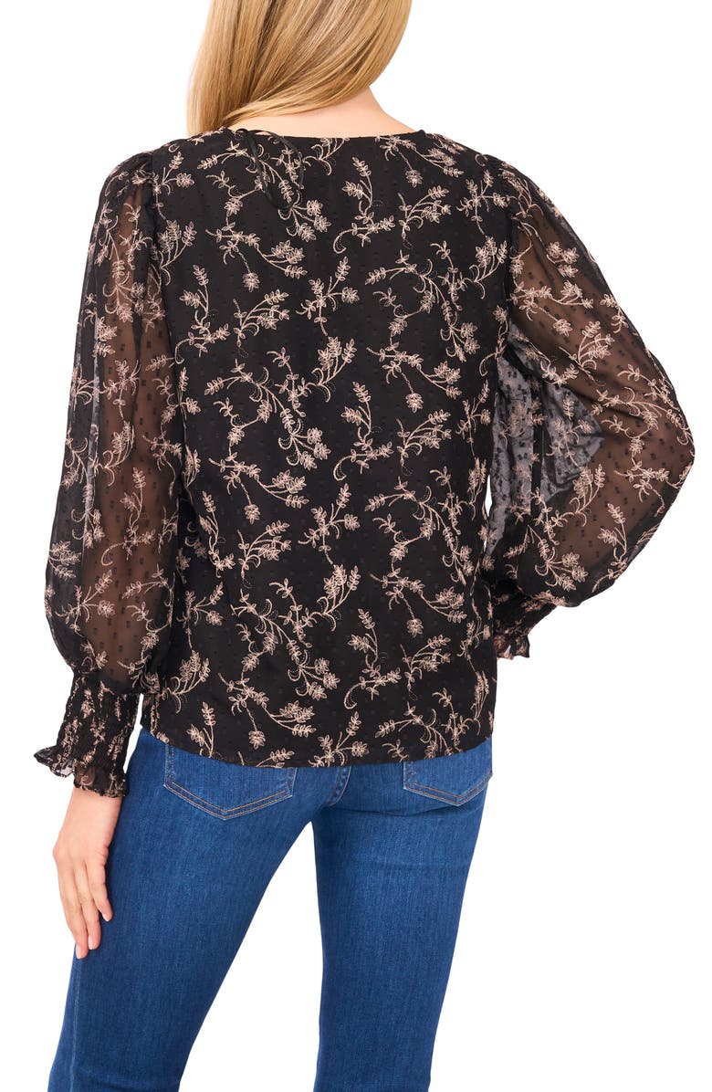 CeCe Floral Clip Dot Smocked Cuff V-Neck Top, Alternate, color, 