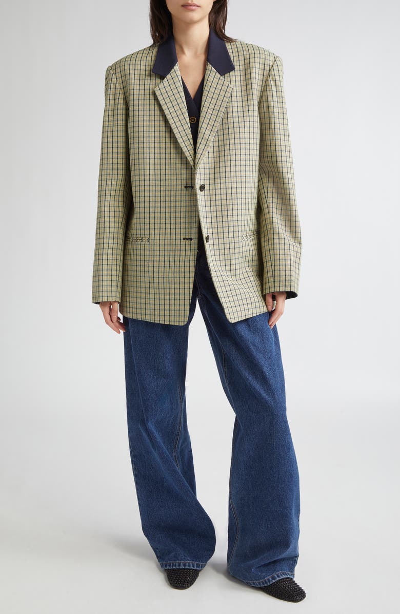 EENK Layered Single Breasted Check Blazer, Alternate, color, Green Multi