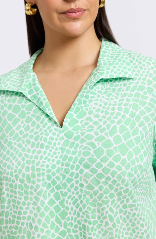 Foxcroft Agnes Print Three-quarter Sleeve Linen Blend Popover Top In New Leaf/white