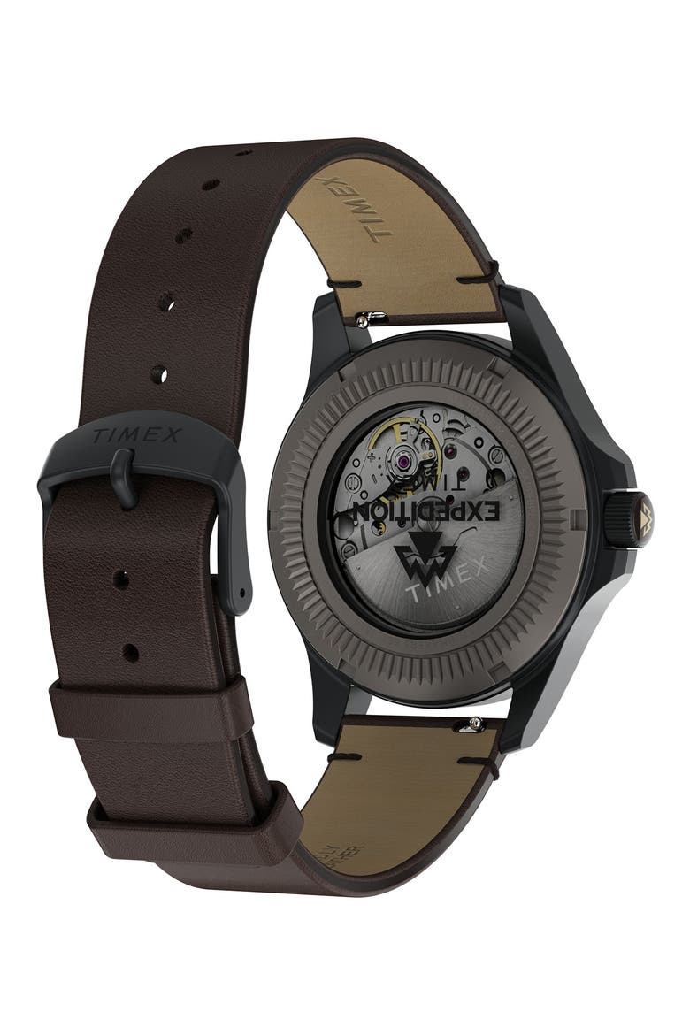 Expedition North Field Post Automatic Leather Strap Watch, 41mm, Alternate, color, BROWN