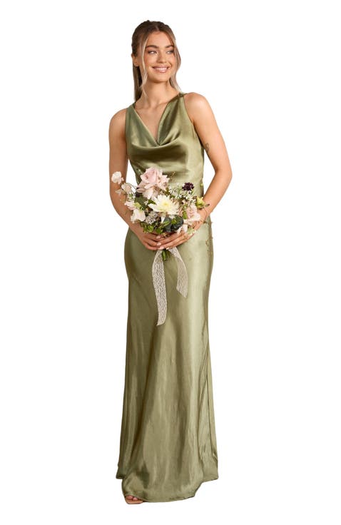 Cowl Front Satin Bridesmaid Dress