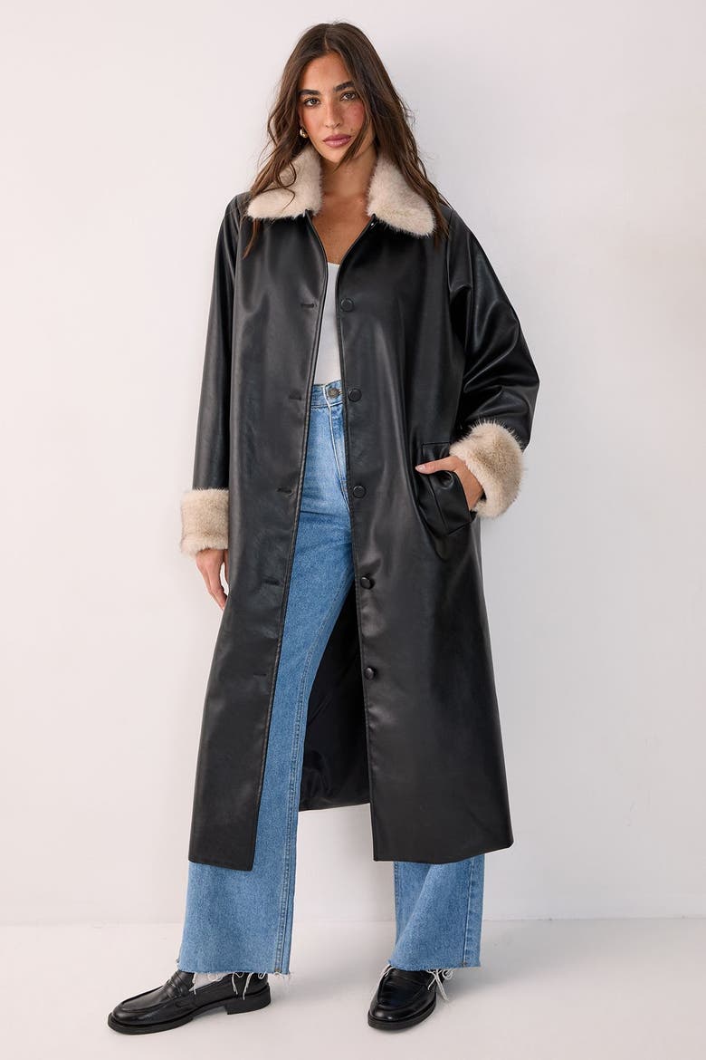 Faux Leather Longline Fur Trim Coat, Main, color, Black