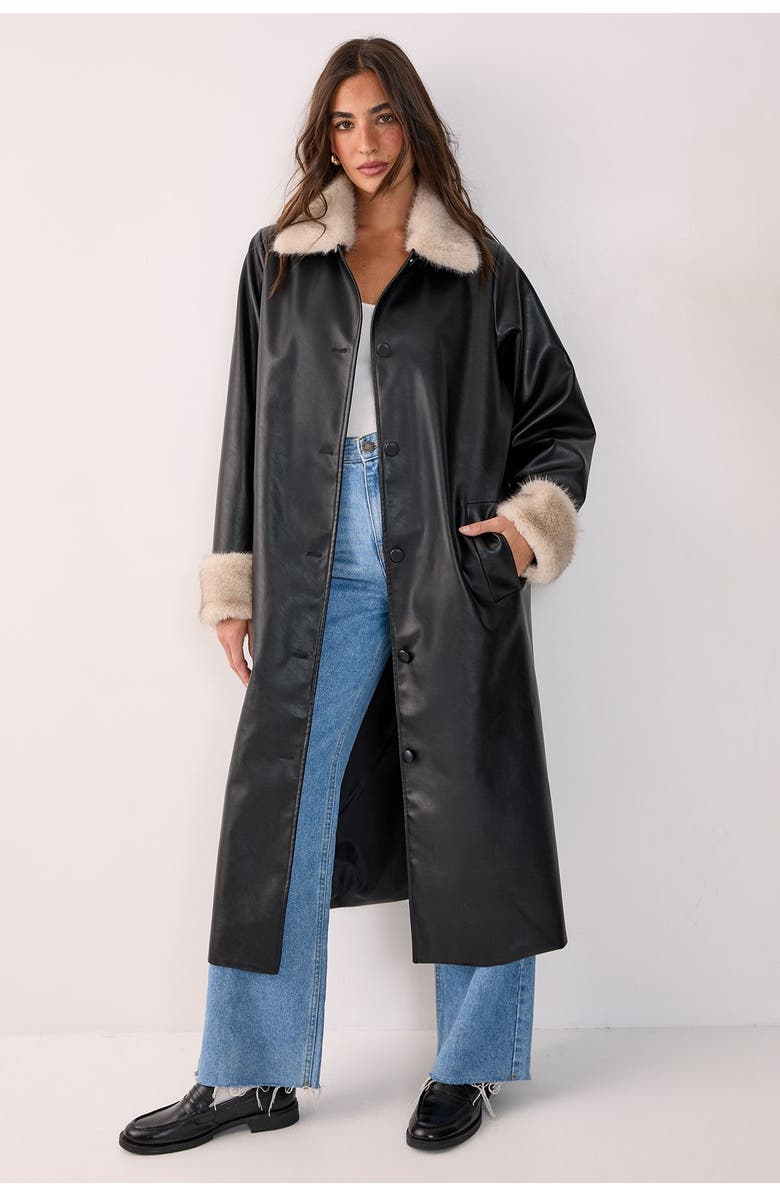 NASTY GAL Faux Leather Longline Fur Trim Coat, Main, color, Black