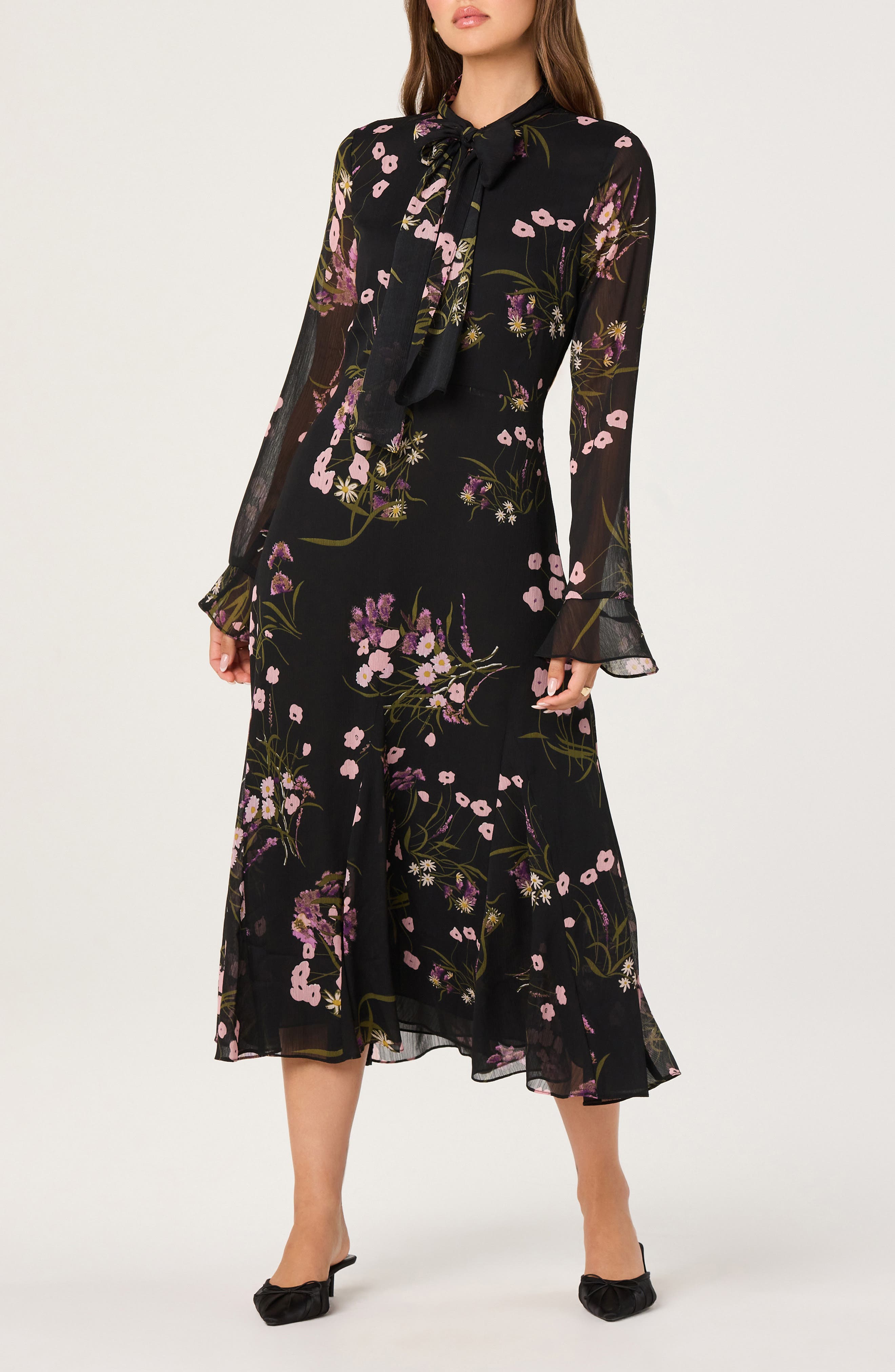 ASTR the Label Floral Tie Neck Long Sleeve Dress