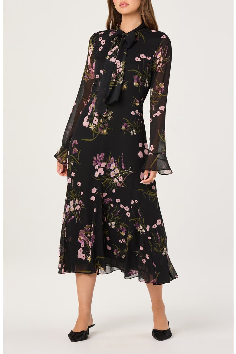 Floral Tie Neck Long Sleeve Dress, Main, color, BLACK PINK FLORAL