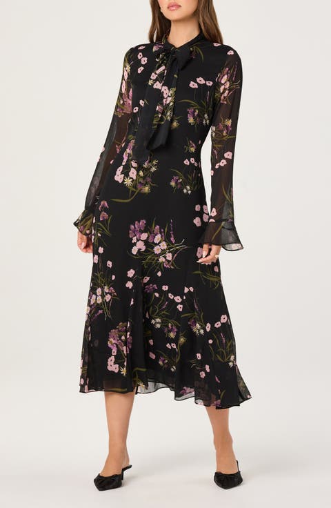 Floral Tie Neck Long Sleeve Dress