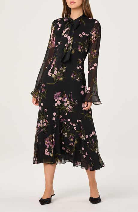 ASTR the Label Floral Tie Neck Long Sleeve Dress
