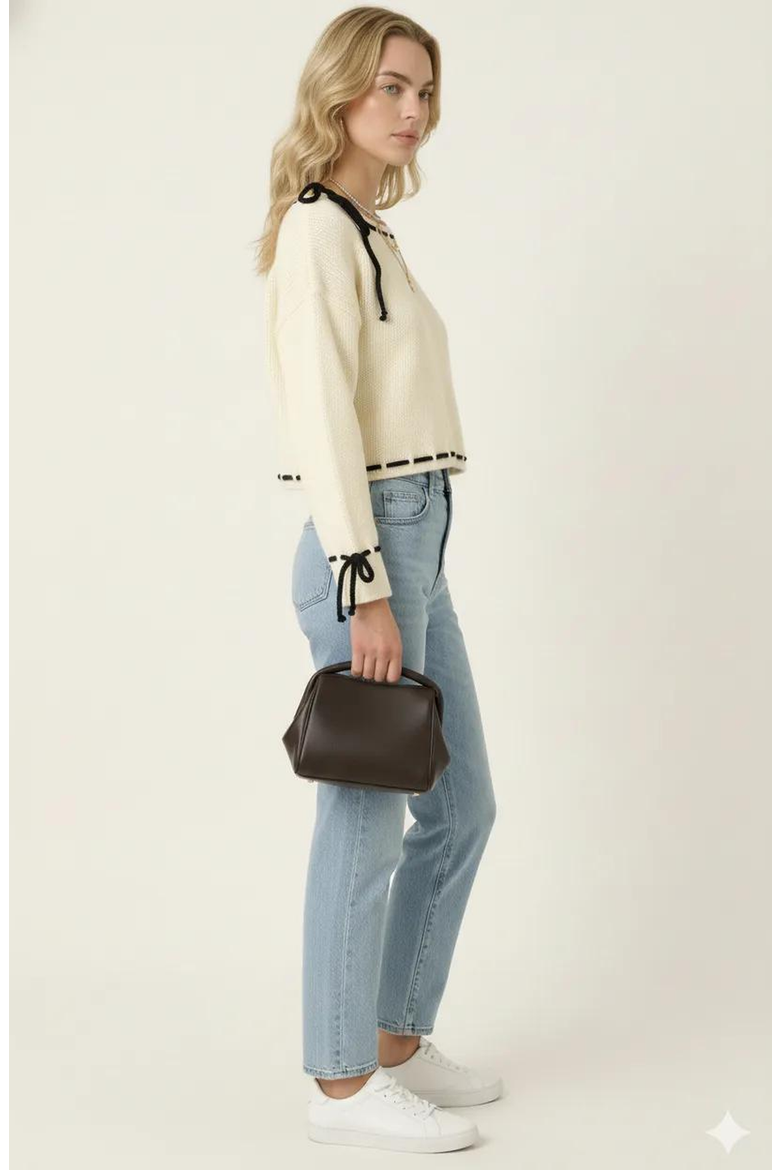 Contrast Tie Scalloped Boat Neck Cropped Hem Knit Sweater, Alternate, color, Ivory