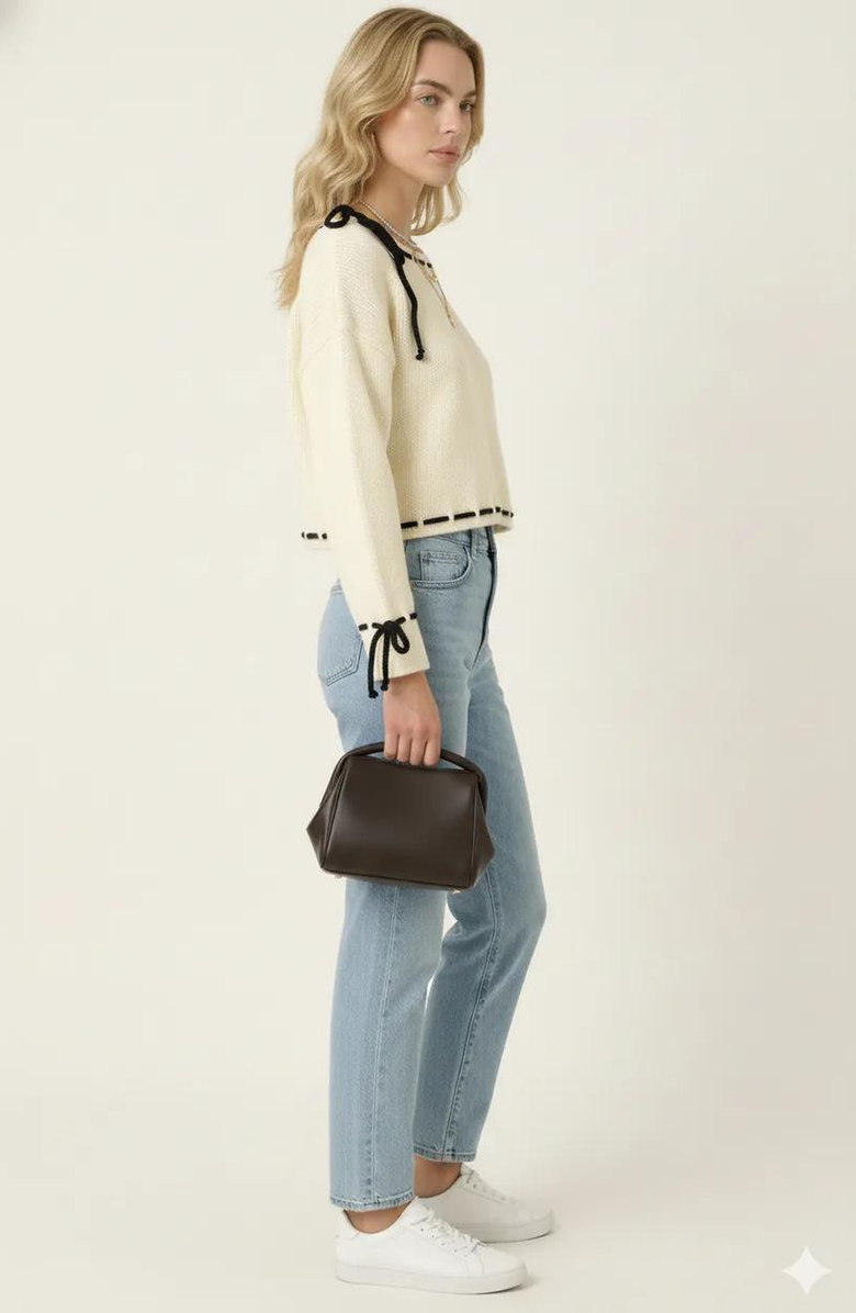 Modenaire Contrast Tie Scalloped Boat Neck Cropped Hem Knit Sweater, Alternate, color, Ivory