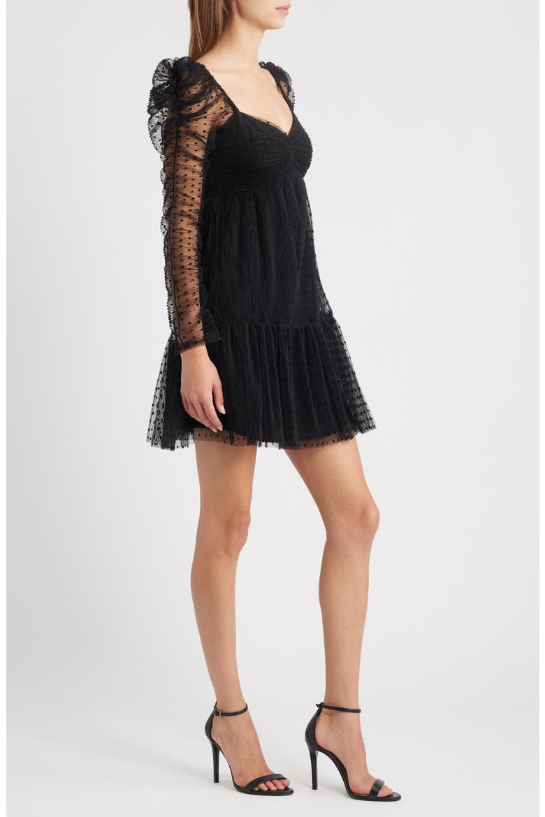 Deanna Long Sleeve Tulle Cocktail Minidress, Alternate, color, BLACK