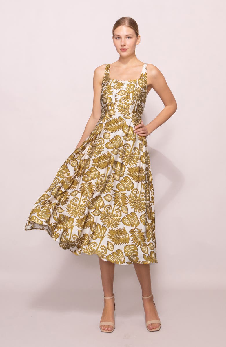 MELLODAY Sleeveless Fit & Flare Midi Dress, Alternate, color, Olive Leaf Print