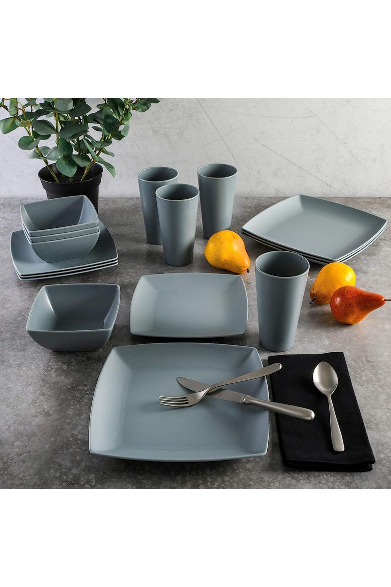 Grayson 16 Piece Square Melamine Dinnerware Set, Alternate, color, Grey