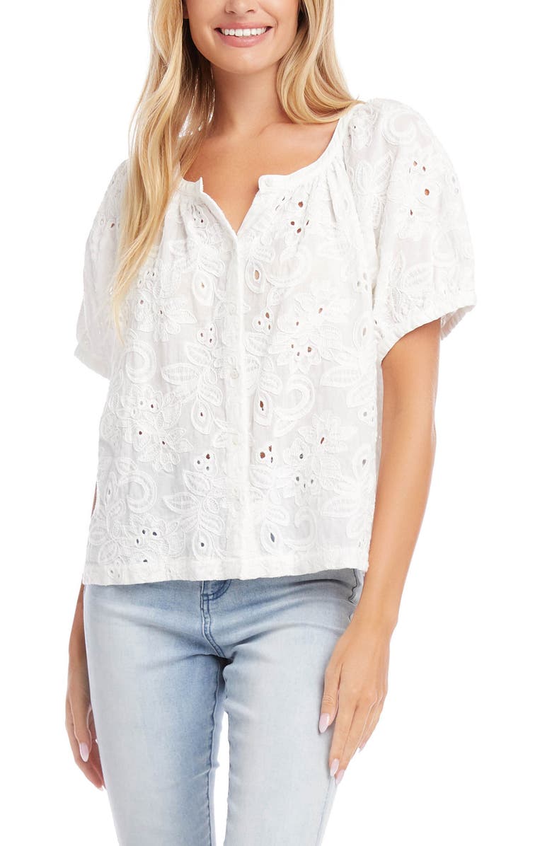 Karen Kane Floral Embroidered Short Sleeve Peasant Blouse, Main, color,