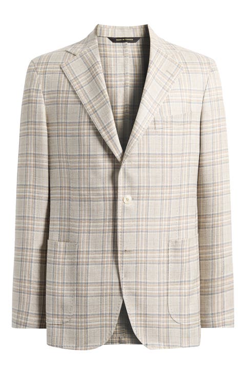Tan & Grey Plaid Wool & Silk Blend Sport Coat (Regular & Big)