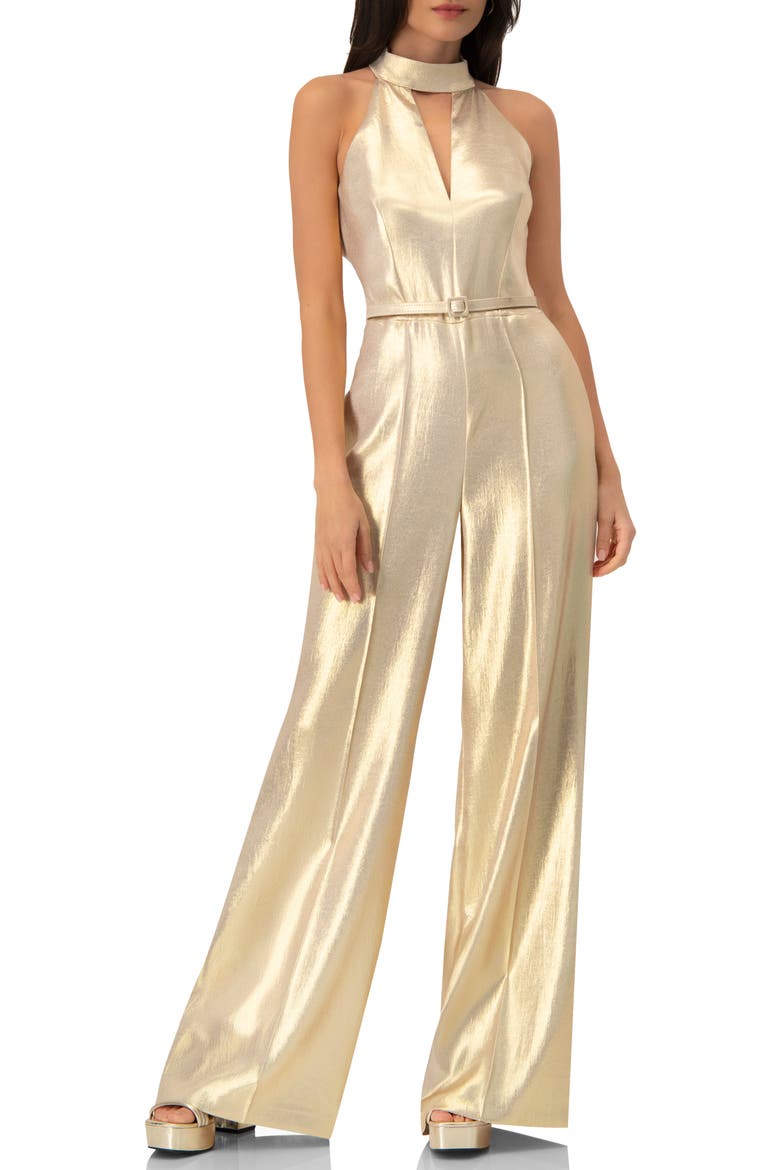 Halterneck Metallic Belted Jumpsuit, Main, color, Gold