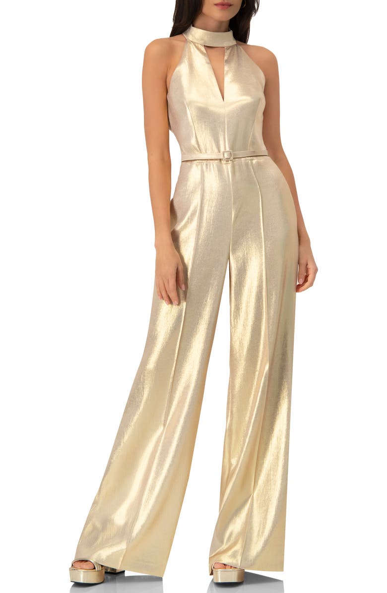 IVONNE Halterneck Metallic Belted Jumpsuit, Main, color, 