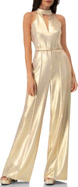 IVONNE Halterneck Metallic Belted Jumpsuit