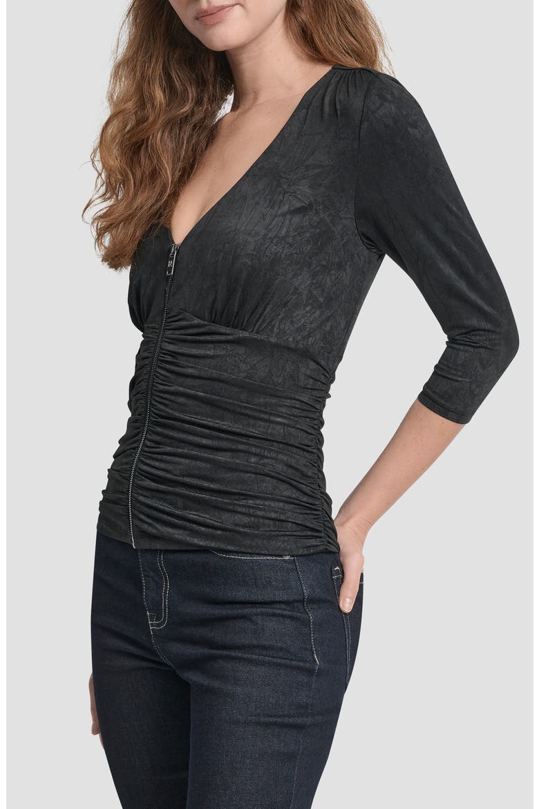 Ruched Knit Zip-Up Top, Alternate, color, BLACK