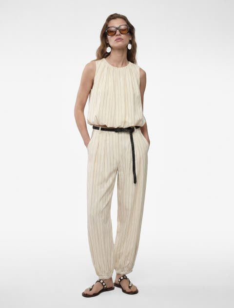 Linen Blend Sleeveless Crew Neck Striped Top