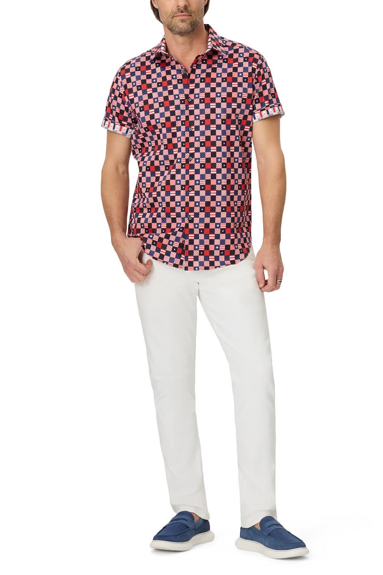 Stars Aligned Short Sleeve Stretch Cotton Button-Up Shirt, Alternate, color, MULTI